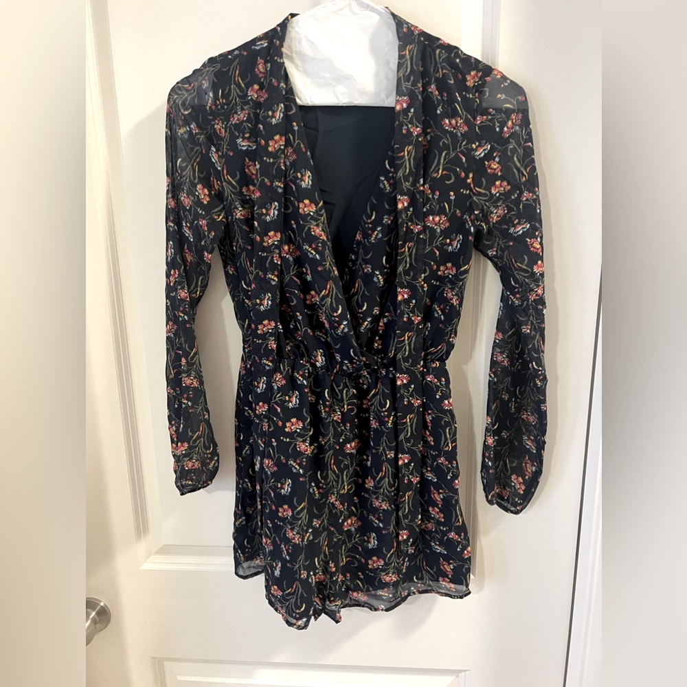 Navy blue, floral printed long sleeve romper size XS, BCBG